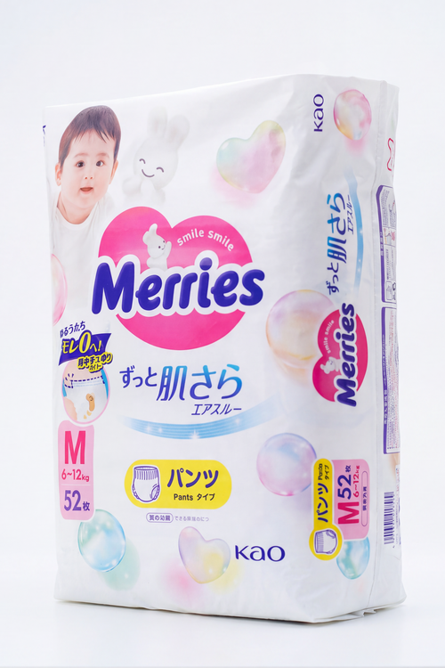 A package of Merries baby wipes by Kao, size M (32 pieces), featuring a white background with pink and pastel bubble graphics and a baby illustration.