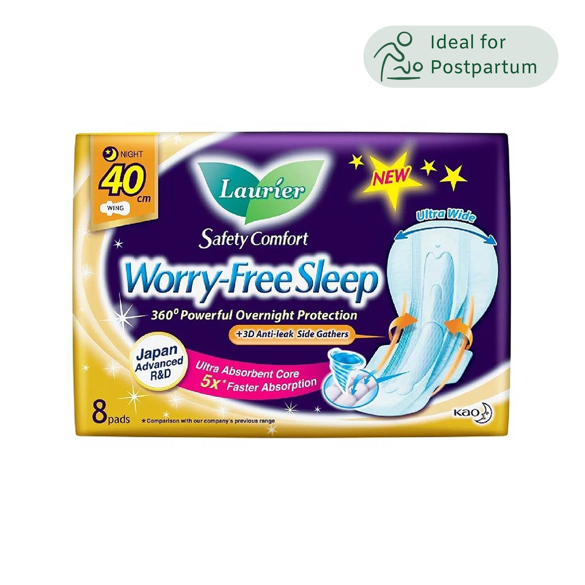 Laurier Safety Comfort Worry-Free Sleep with Gathers Night 40 cm (6 drops), 8 un