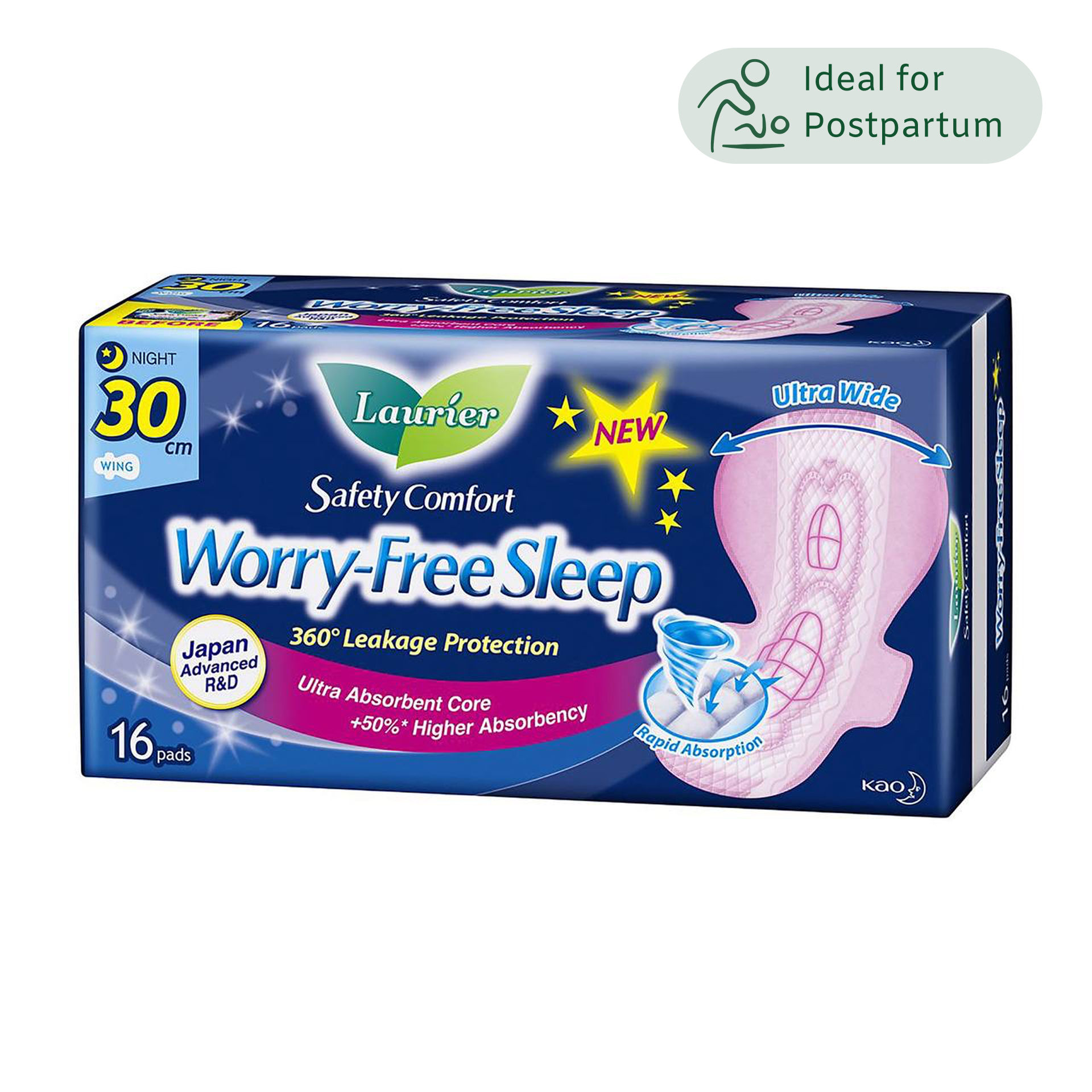 Laurier Safety Comfort Worry-Free Sleep Night Slim Wing 30 cm (4 drops), 16 un