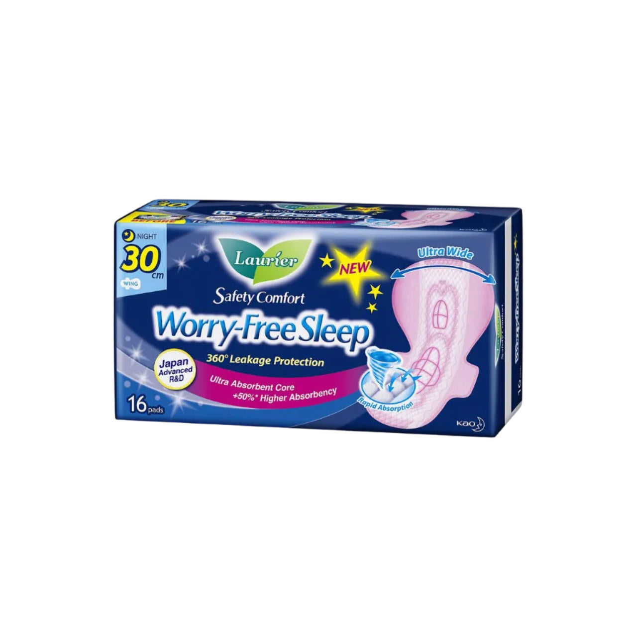 Laurier Safety Comfort Worry-Free Sleep Night Slim Wing 30 cm (4 drops), 16 un