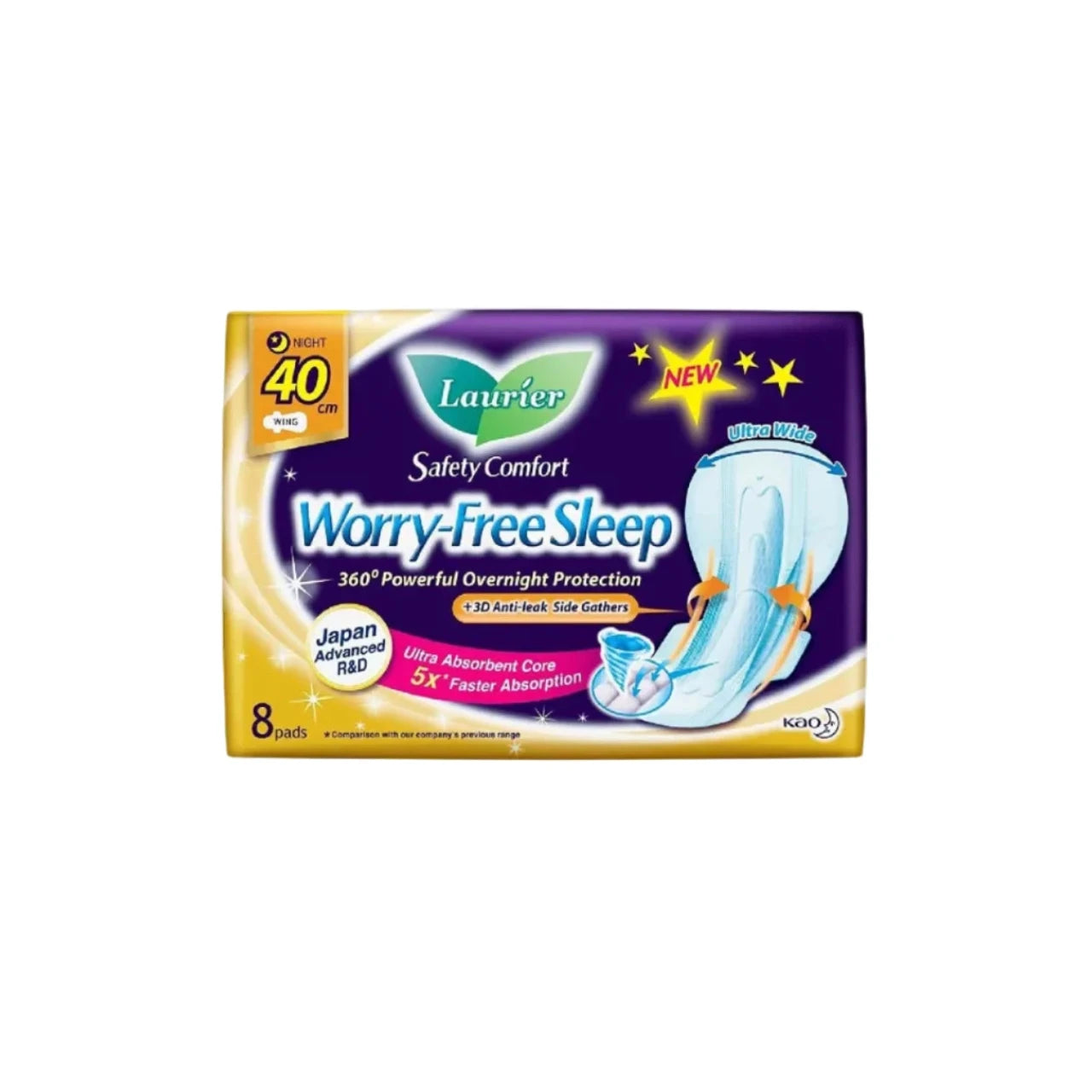 Laurier Safety Comfort Worry-Free Sleep with Gathers Night 40 cm (6 drops), 8 un